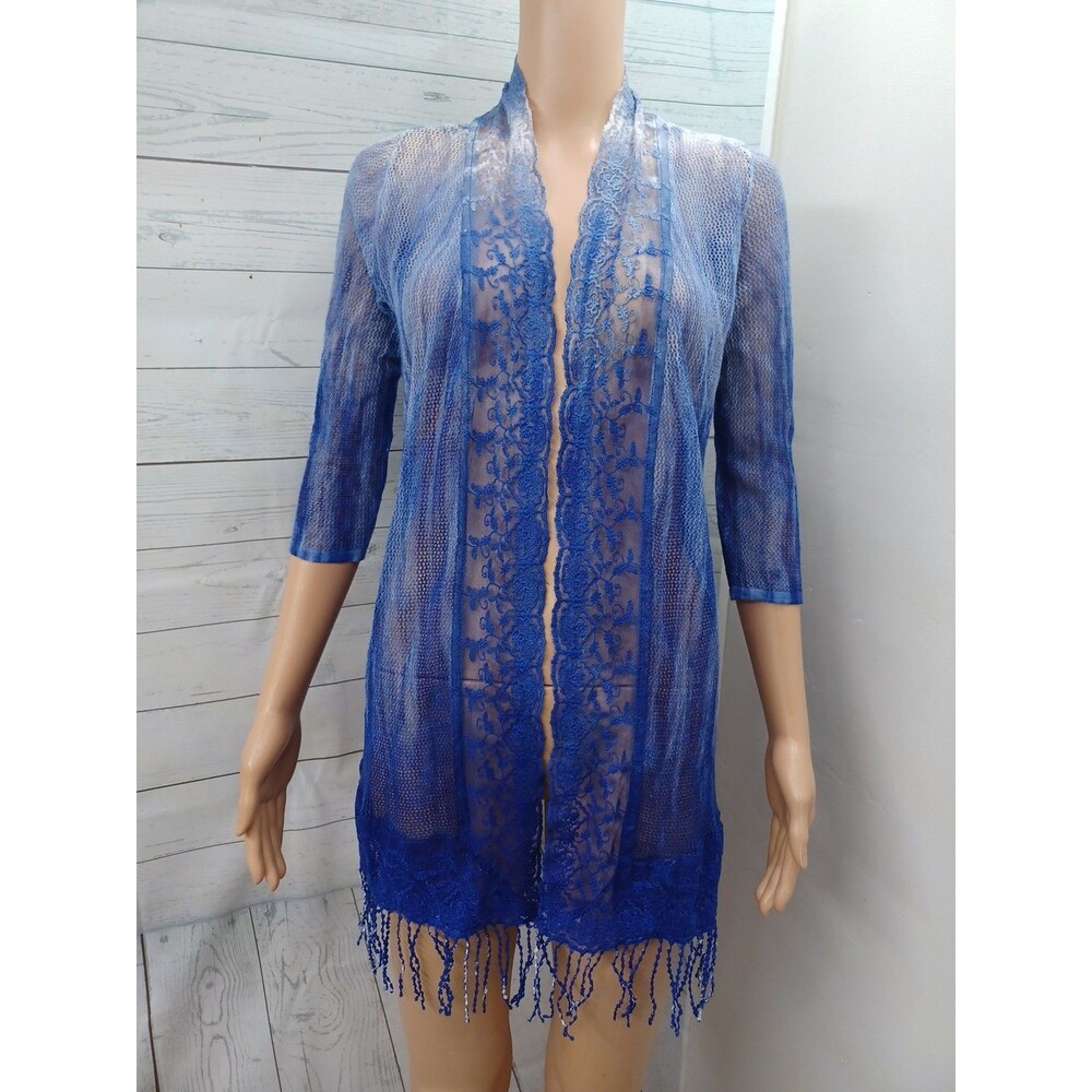 Chicos Cover Up Womens Sz 0 XS Blue Ombre Linen Boho Cardigan Open Knit Fringed